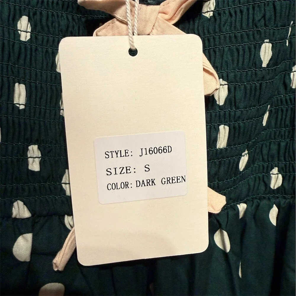 idem ditto Dress Womens Size S Dark Green Polka Dot Smocked Midi Puff - Picture 3 of 5